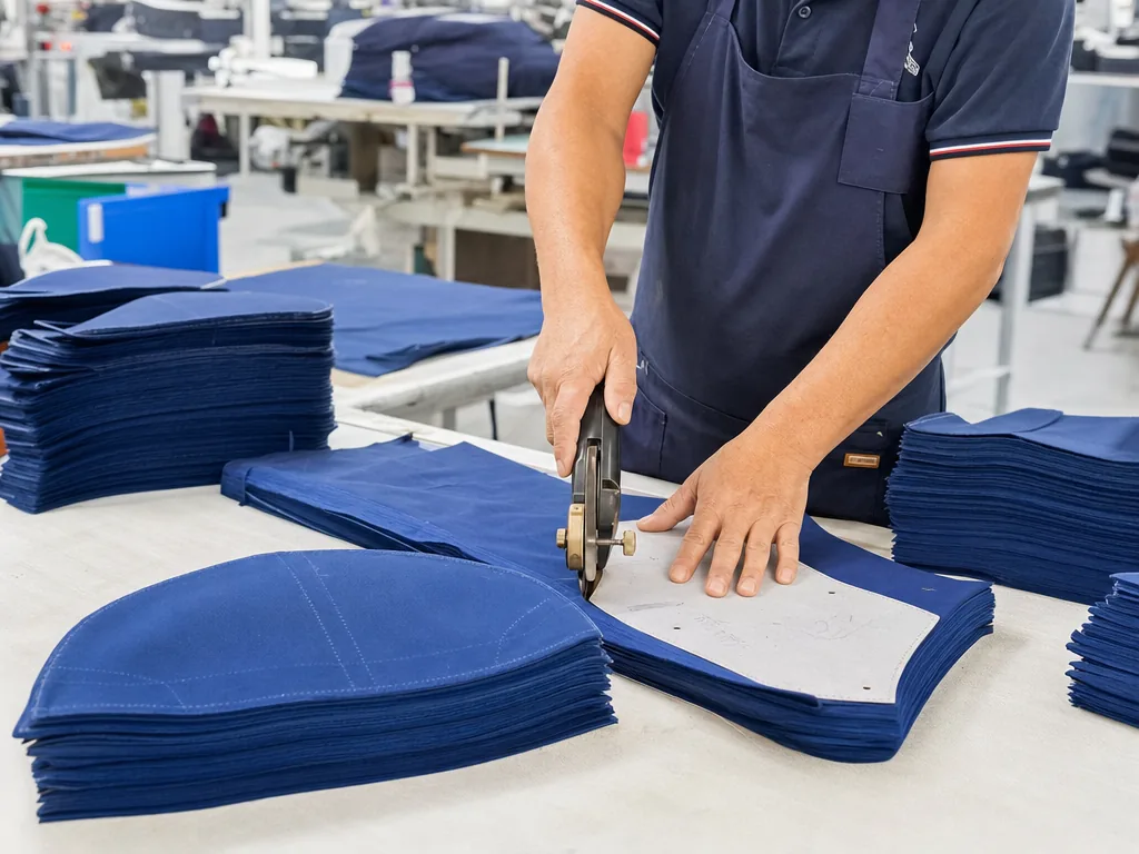 Fabric cutting room — pattern cutting cap panels from cotton twill on calibrated cutting table