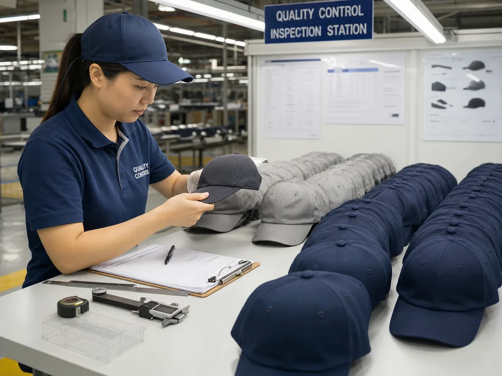 Quality inspector performing AQL 2.5 final random inspection on a batch of finished custom caps