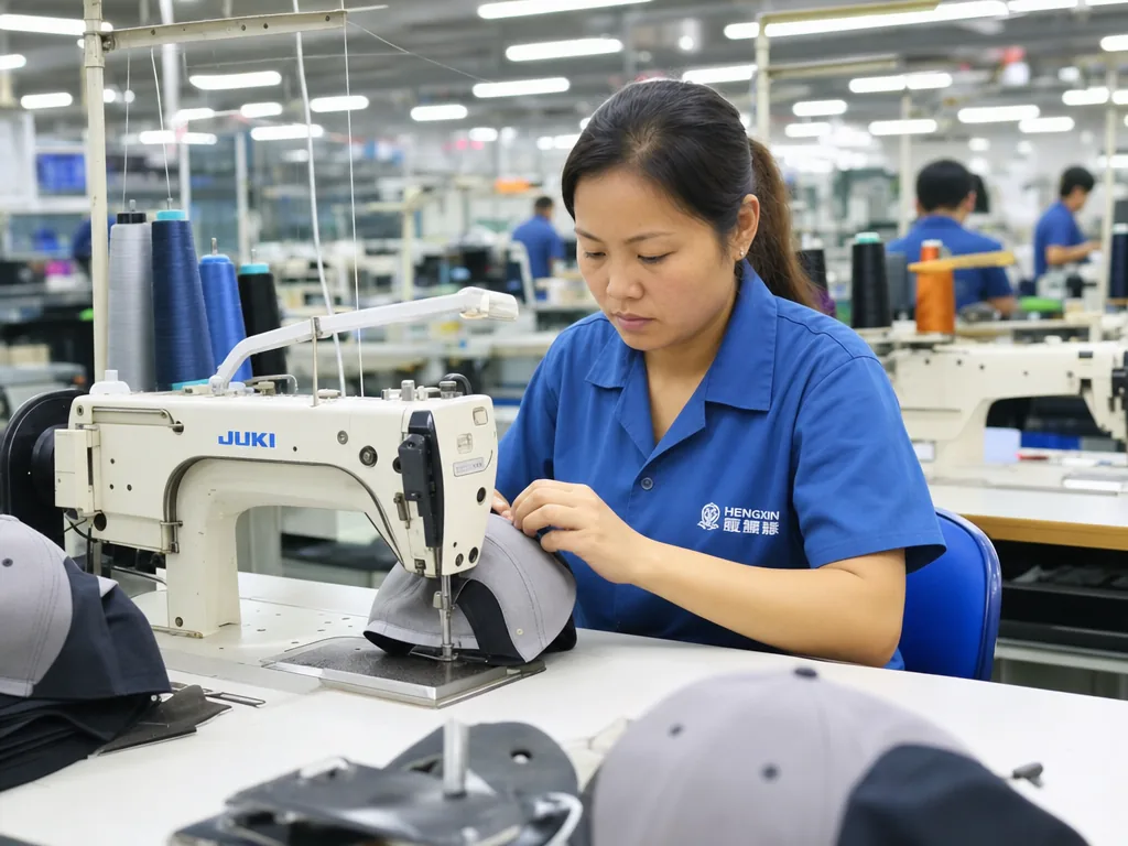 Production line sewing custom baseball cap crown panels with calibrated industrial machines