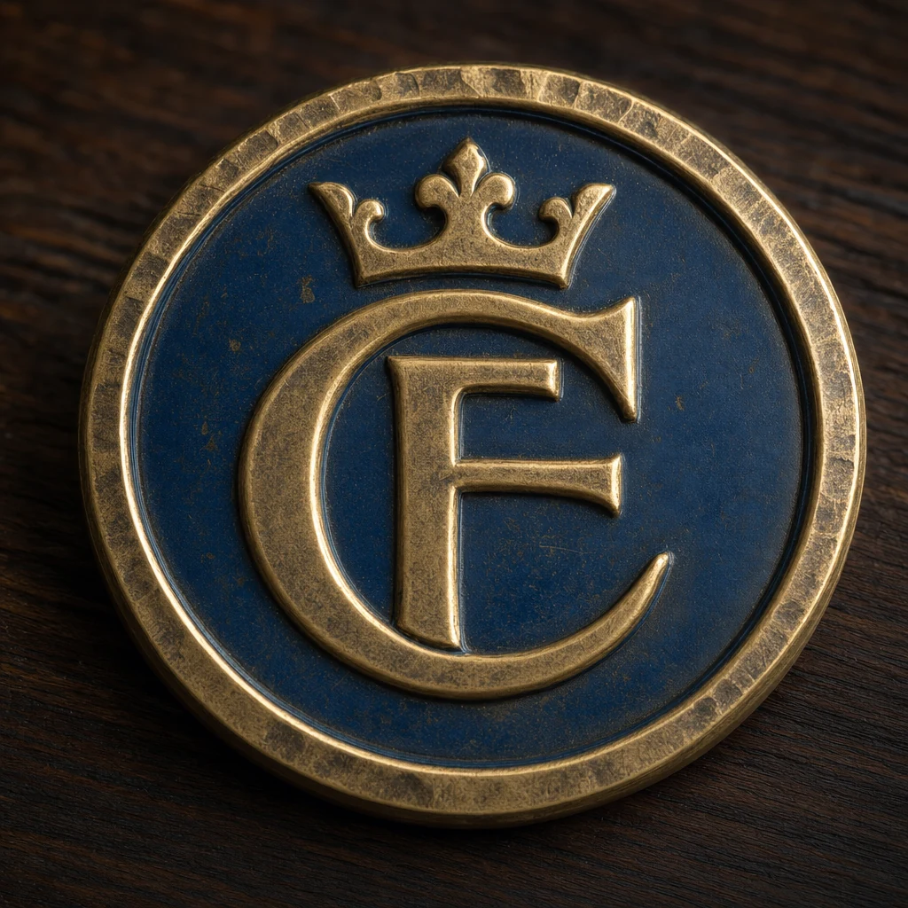CrownsForge brass medallion logo