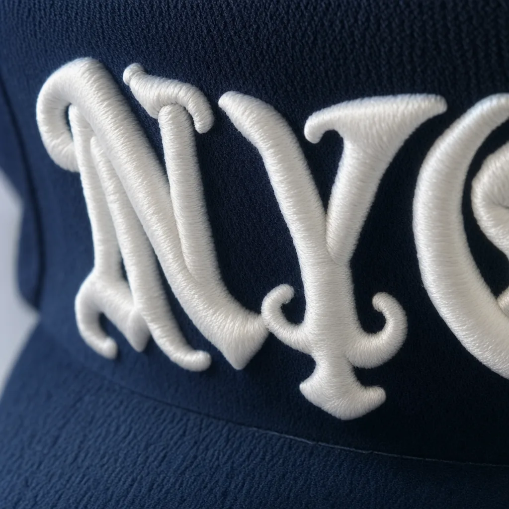 3D puff embroidery on cap front — foam underlay with satin stitches creates raised dimensional logo
