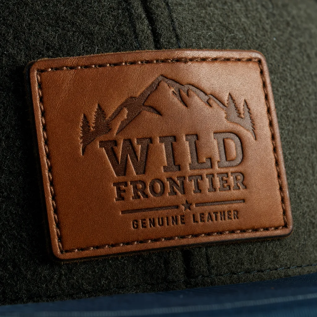 Real leather patch debossed with custom logo, sewn to streetwear cap front for premium retail aesthetic