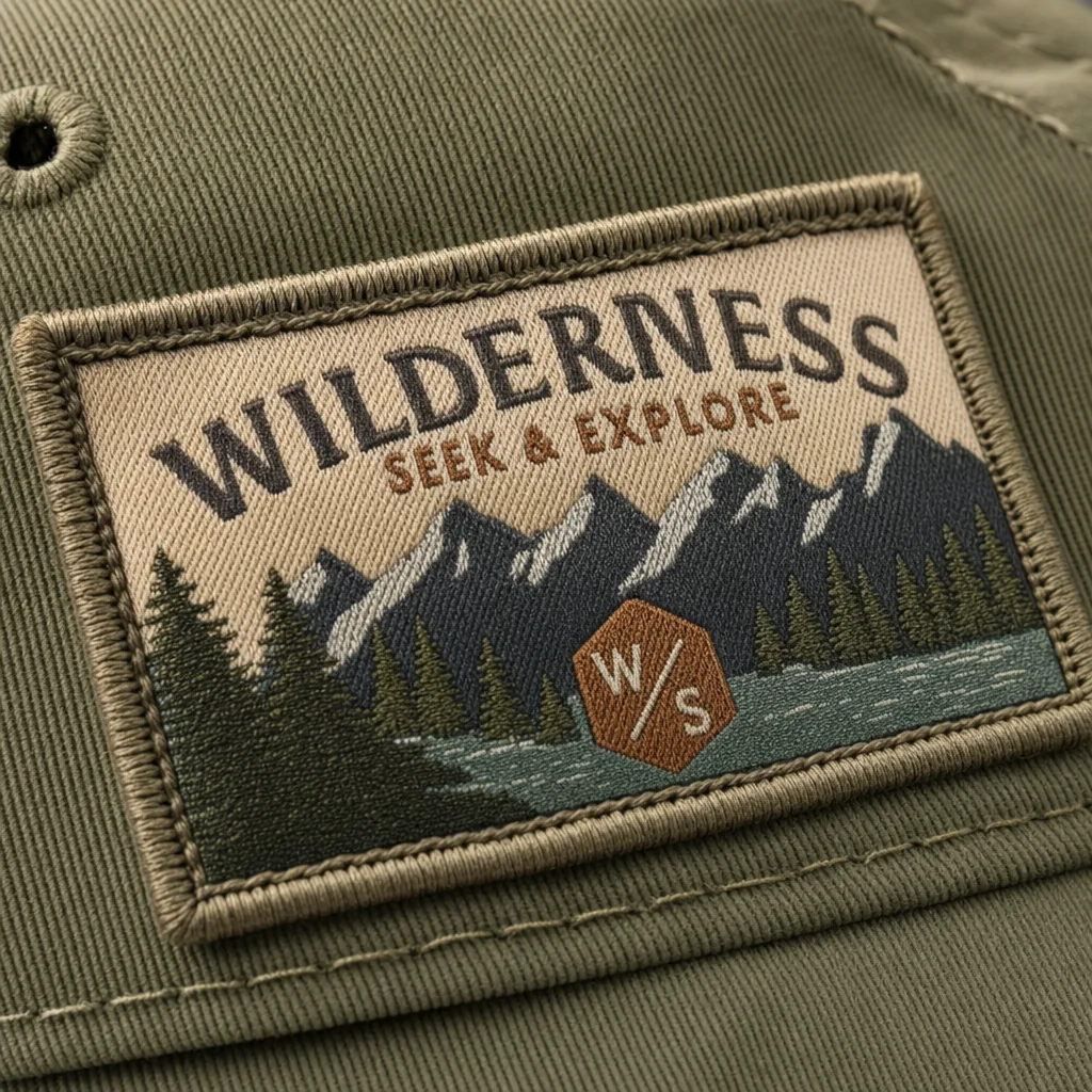 Custom woven patch sewn to cap front — densely woven polyester threads with crisp logo detail
